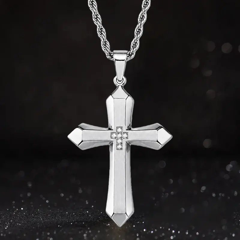 Mens Cross Necklaces - Sleek Geometric Cross Pendant Necklace for Men, Sharp Lines Stainless Steel Crosses with Cubic Zirconia, Gold Silver Tone Christian Jewelry Gift Halo Accessories