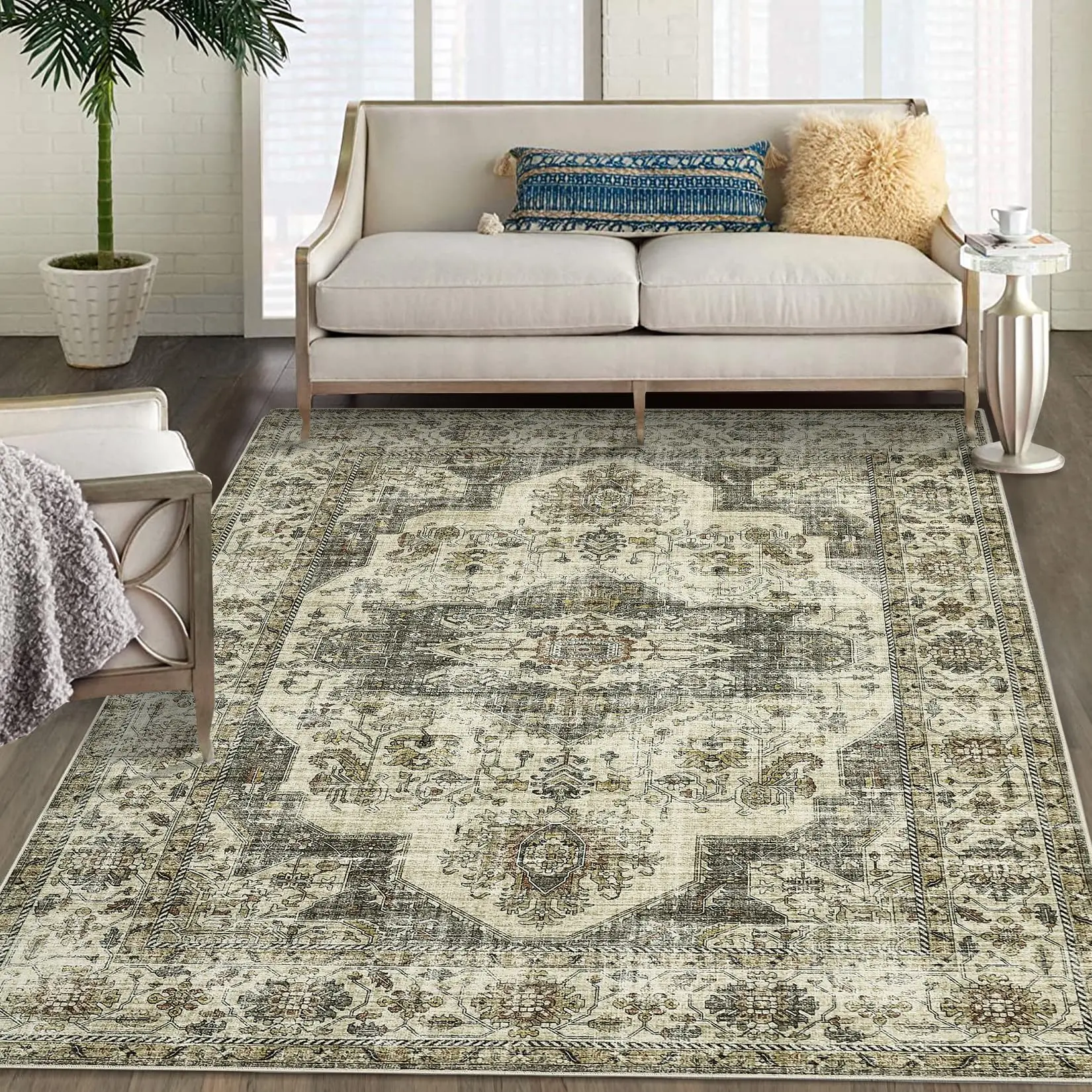 Garvee Area Rug 8x10 Rug for Bedroom Large Non Slip Living Room Rug Ultra-Thin Non-Shedding Washable Carpet Indoor Soft Oriental Carpet Floral Print Distressed Rug for Nursery Playroom Office Taupe