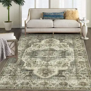 Garvee Area Rug 8x10 Rug for Bedroom Large Non Slip Living Room Rug Ultra-Thin Non-Shedding Washable Carpet Indoor Soft Oriental Carpet Floral Print Distressed Rug for Nursery Playroom Office Taupe