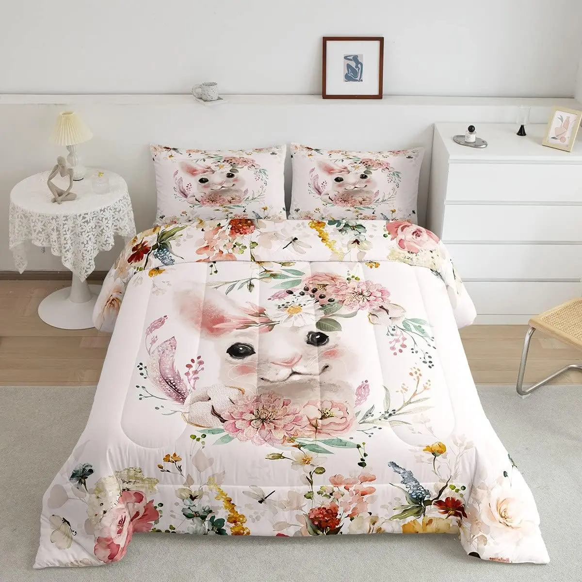 Feelyou Rabbit Bedding Set - Pink Flower Printed Microfiber Bedding, Soft Breathable Girls' Cute Bunny Quilt Duvet, Colorful Farm Animal Comforter Set, Flower Printed Bedding, Microfiber Bedding Set