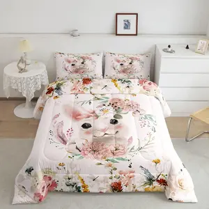 Rabbit Bedding Set,Pink Floral Comforter Set,Girls Women Cute Bunny Quilt Duvet,Colorful Flowers Lovely Farm Animal Comforter