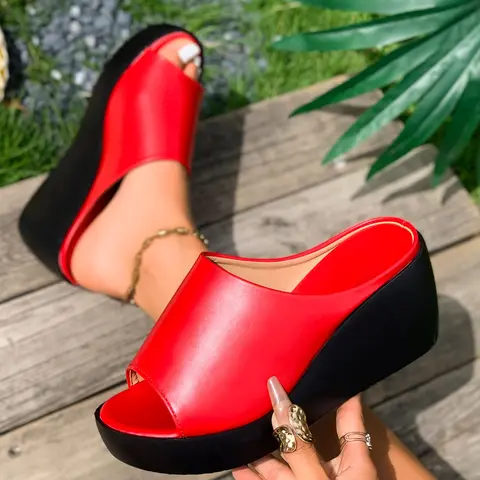 Women's Backless Peep‑Toe Wedge‑Heeled Slide Sandals, Stylish Footwear, European and American Style, Fashion Sandals with Rubber Sole, Summer High‑Heel Sandals for Casual Daily Occasions