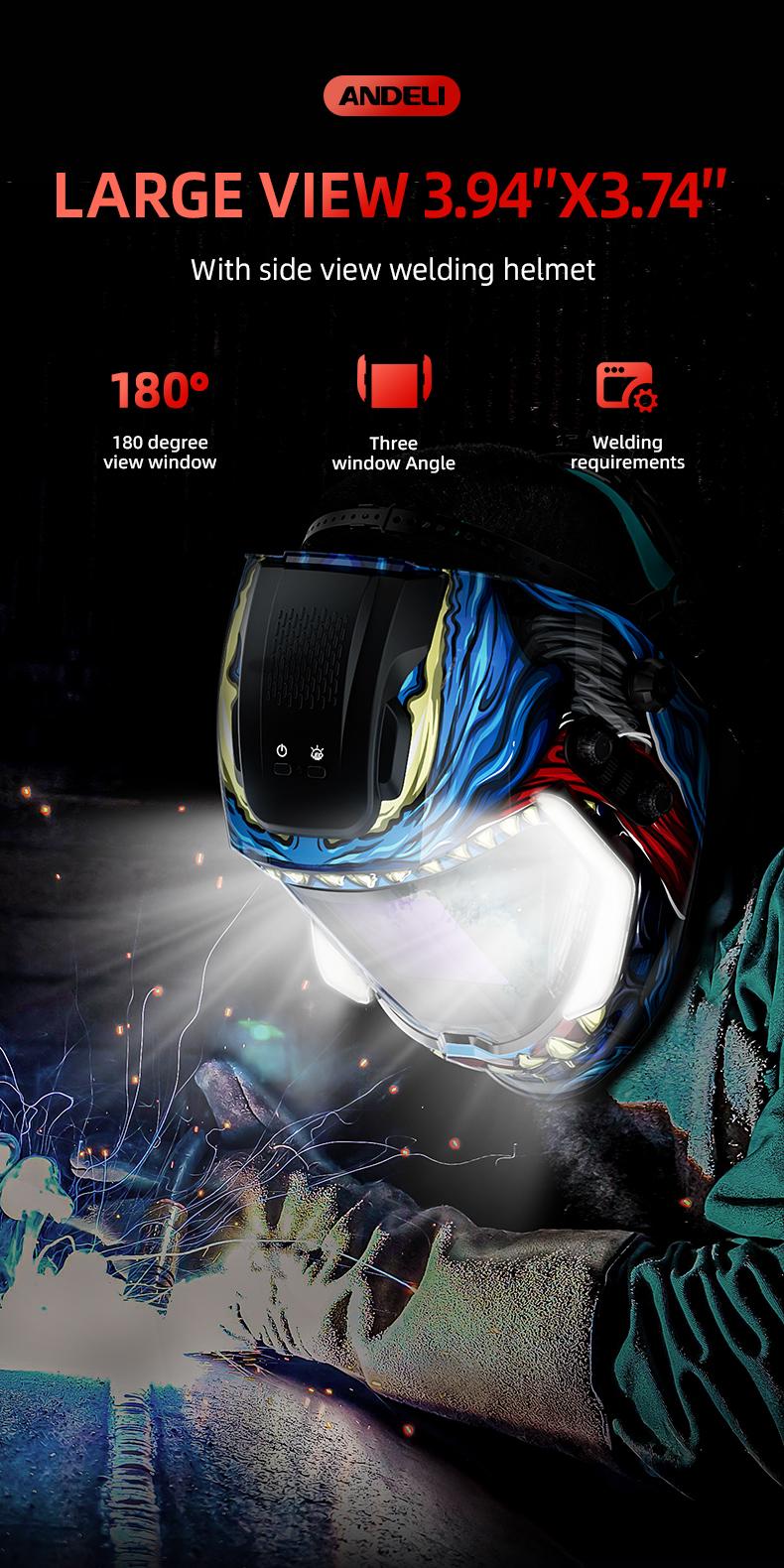ANDELI MONERDB 4LED 3.94x3.74 Auto Darkening Welding Helmet with True Color Large Viewing Screen 6 Arc Sensors for MIG TIG ARC CUT Welding Heavy Duty Weldingmask Weldingcap
