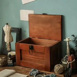 Vintage Wooden Flip-Top Storage Box, Lockable Desktop Organizer, Dustproof Cosmetic and Grocery Container, Home Organization Decor, Lockable Storage Boxes