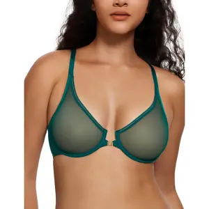 Deyllo Women's Front Hook Closure See-Through Underwire Bra Sheer Unlined Racerback Bra with Adjustable Straps for Everyday Comfort & Support Lingerie