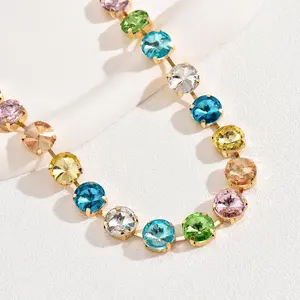 Colorful Rhinestone Choker Necklace, Round Crystal Tennis Chain, Gold Plated Statement Necklace for Women, Party Jewelry