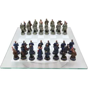 US Civil War Union North VS Confederate South Chess Pieces And Glass Board Set