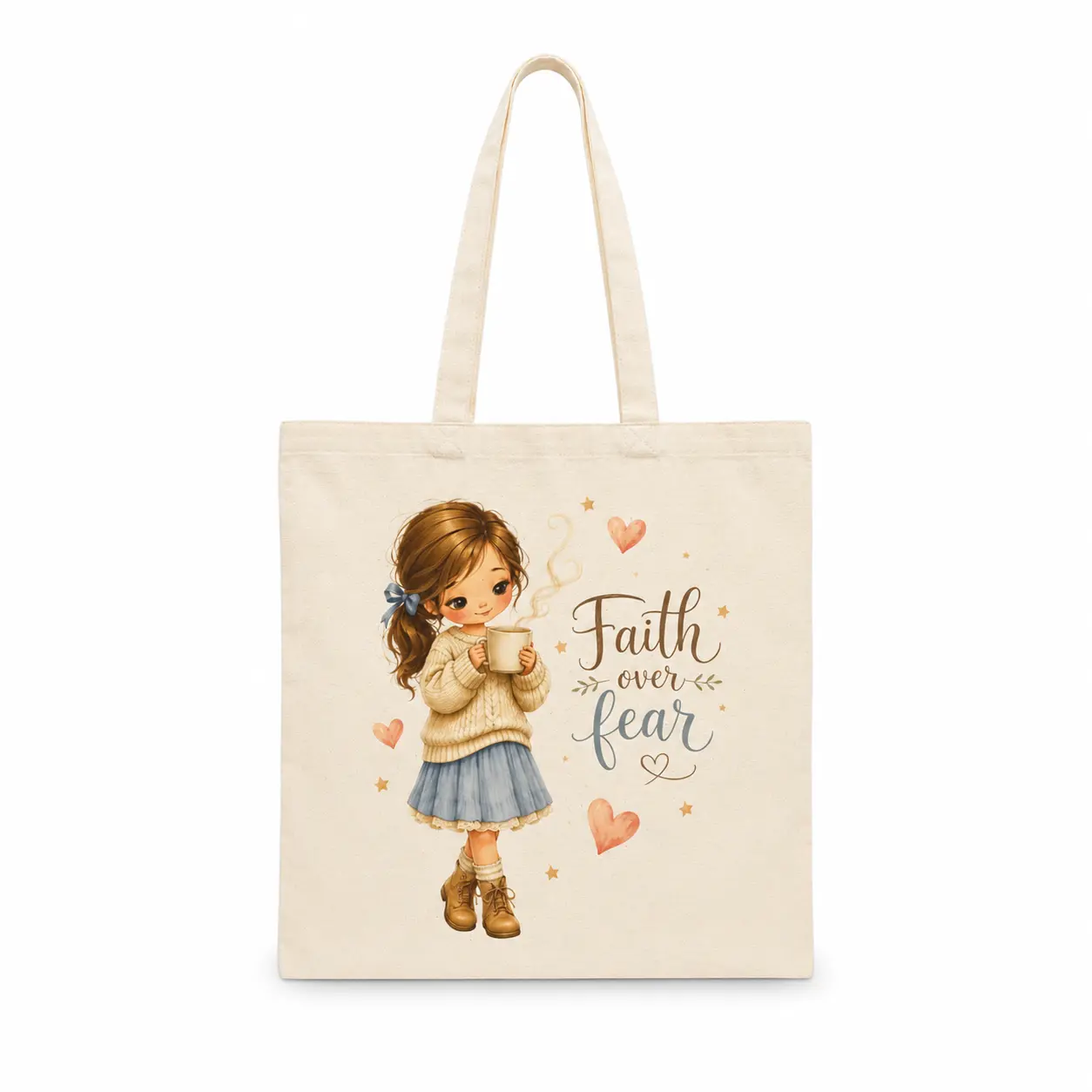 Faith Over Fear Christian Tote Bag, Watercolor Girl Coffee Lover Bible Study Canvas Bag