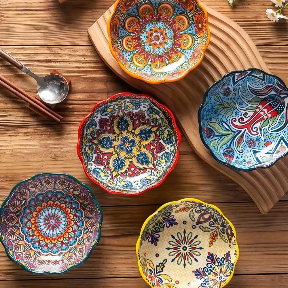 Boho Style Bohemian Stylish Ceramic Dipping Bowl, 4 Counts Colorful Flower Pattern Seasoning Bowl, Household Tableware for Home Kitchen Dining Room, Ceramic Bowls