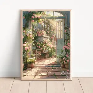 Floral Cottage Front Porch Art Print: Pink Rose Flower Garden Cottagecore Poster O