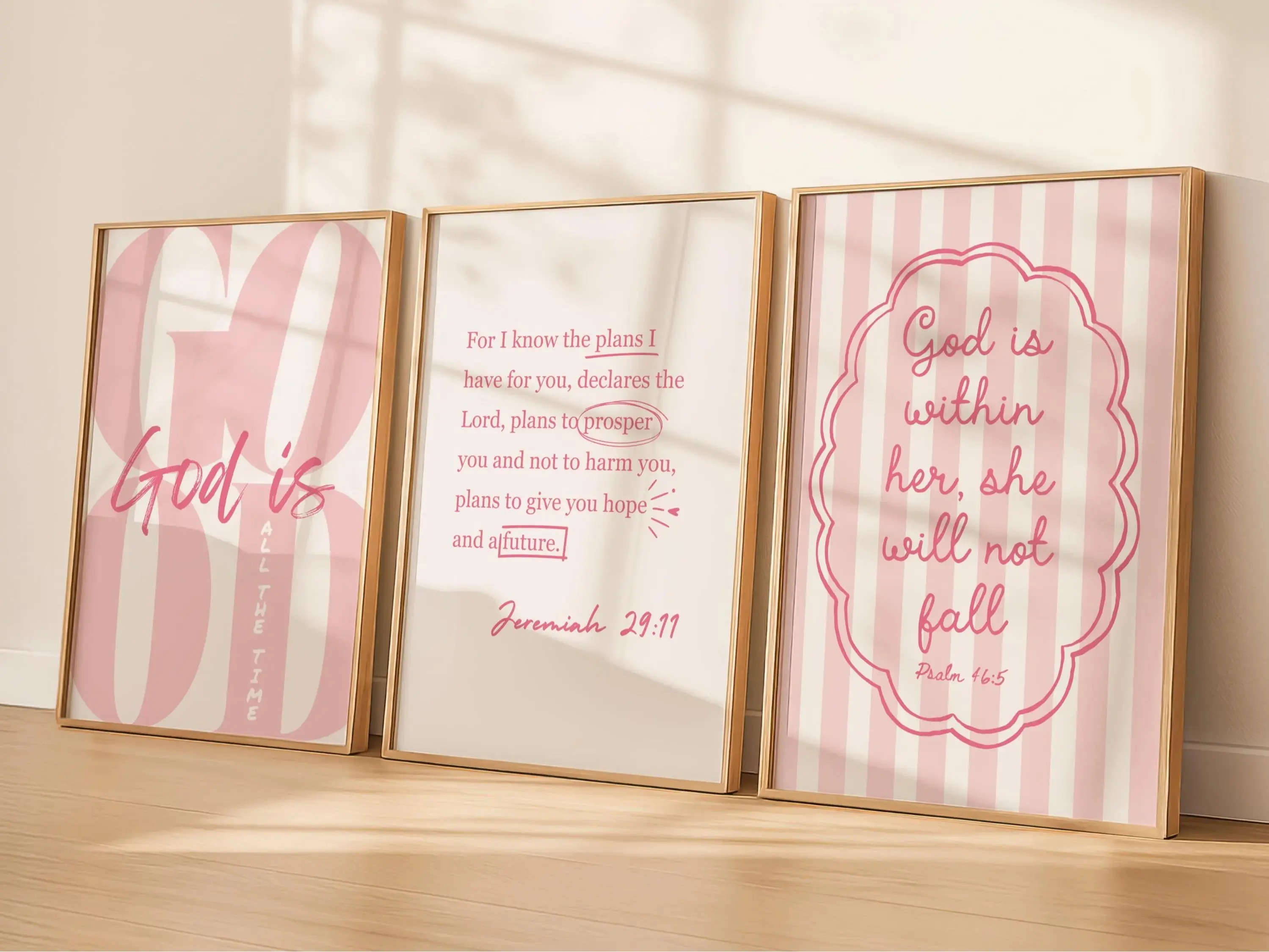 Set of 3 Trendy Pink Girly Christian Poster Unframed  God is Good All The Time Print Jeremiah 29 11 Wall Art God Is Within Her She will Not Fall