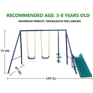 3in1 Swing Set Belt Swing Slide Glider Playground Equipment Backyard Outdoor Play Set For Kids Toddlers Heavy Duty Weather Resistant Metal Frame Easy Assembly Garden Patio Lawn Leisure Entertainment Sport Activity Toy For Children Boys Girls Family Outdoo