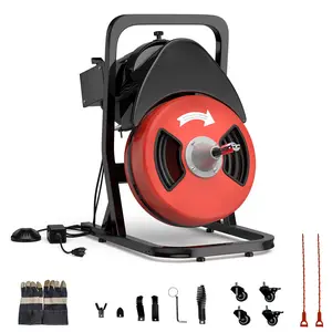 50 FT x 1/2 Inch Drain Cleaner Machine, Sewer Snake Electric Cleaning Machine with Wheels for 2" to 4" Pipes, Plumbing Power Augers Cleaner with 4 Cutter and Foot Switch for Sewer, Sink, Toilet