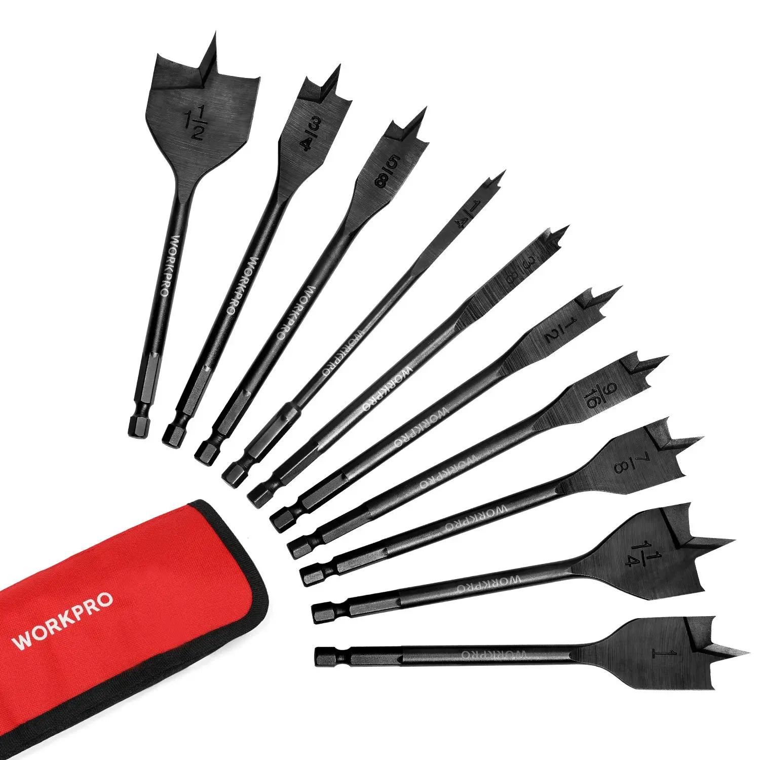 #summersale WORKPRO 10-Pack Pro Spade Drill Bit Set- Black Coating, Premium Carbon Steel, Paddle Flat Bits for Woodworking, Assorted Bits 1/4" to 1-1/2" with Storage Case