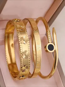 18K Gold Plated Stainless Steel Floral Bangle Bracelet, Suitable For Women's Daily Wear, Classic Flower And Roman Numeral Rivet Design, Waterproof, European And American Style, Casual, Wedding, Party, Valentine's Day Gift