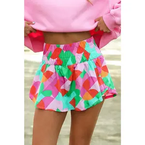 Green Abstract Print Smock Waist Casual Shorts