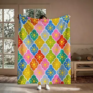 Moroccan Tile Flannel Throw Blanket - Fluffy Boho Blankets with Colorful Quatrefoil Sun Pattern, Soft Cozy Warm, for Couch Bed, Gift for Boho Lovers, Birthday Christmas Decor, Fluffy Blankets