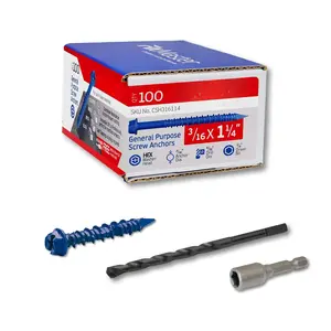 3/16 x 1-1/4" Hex  Blue Concrete Screw Anchors (100 pcs Screw Kit) with   and Drill Bit for Concrete, Masonry, Block, Brick and  Fastening