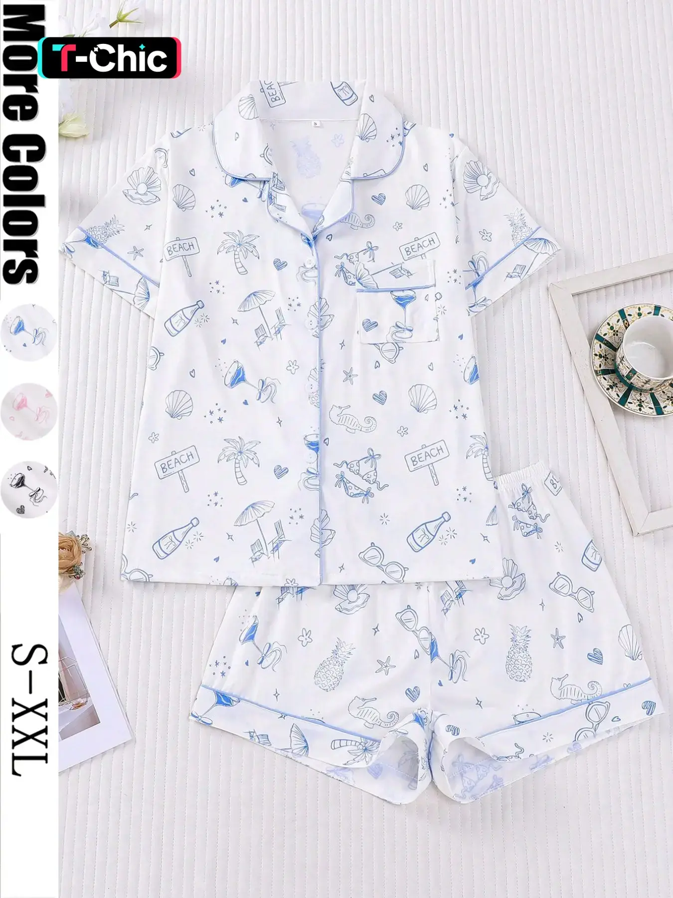 Women's Ocean Beach Printed Sleepwear Set, Short Sleeve Lapel Cardigan Top & Loose Elastic Shorts, Casual All-Season Home Wear, Pajama Set, Casual Pajamas Outfit, Pyjamas, Loungewear, Pjs, Womenswear, Homewear