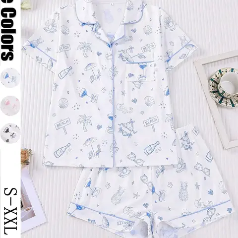 Women's Ocean Beach Printed Sleepwear Set, Short Sleeve Lapel Cardigan Top & Loose Elastic Shorts, Casual All-Season Home Wear, Pajama Set, Casual Pajamas Outfit, Pyjamas, Loungewear, Pjs, Womenswear, Homewear