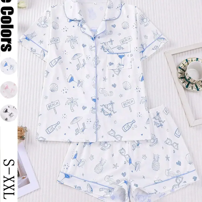 Women's Ocean Beach Printed Sleepwear Set, Short Sleeve Lapel Cardigan Top & Loose Elastic Shorts, Casual All-Season Home Wear, Pajama Set, Casual Pajamas Outfit, Pyjamas, Loungewear, Pjs, Womenswear, Homewear