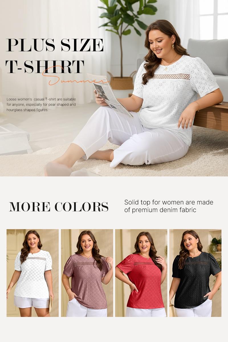 Eytino Plus Size Tops for Women Crewneck Puff Short Sleeve Summer Loose Casual Tshirts Blouse(1X-5X)