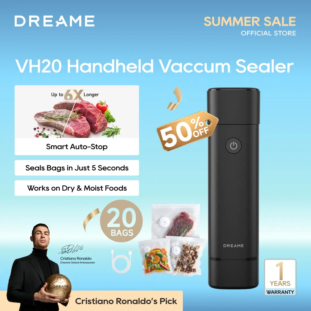 DREAME VH20 Compact Handheld Vacuum Sealer, 5L/min High-Speed Pump, Works on Dry & Moist Foods, Automatic Stop, Waterproof Design, Portable Meal Saver, 20 Reusable Vacuum Sealer Bags for 6x Preservation, 20 Bags