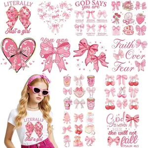 Bow Iron on Transfers - 12 Sheets Pink Ready to Press Heat Transfer Stickers for T-Shirts DIY Crafts Women Girls Clothing Decals Pillow Bag Appliques Clothes Decorations Washable Patches