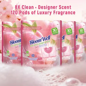 30 Pcs/Bag, 1 Bag/4 Bags 3-in-1 Laundry Pods, 3D Lock-In Fragrance Microcapsule Technology Laundry Beads, BloomWell Miss Peach Laundry Pods, Deep Cleaning, HE Compatible,  Peach Scent laundry detergent pod