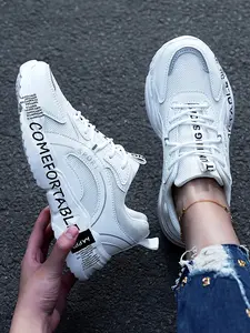 Women's All - white Letter Dad Shoes, Street - style Outfit for Trendy Players, Light - sporty Style Suitable for All Seasons, a Must - have for Fashionistas, Eye - catching Text Design Closed Footwear Trainer Sneaker