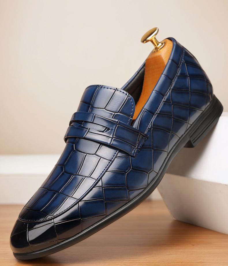 Men's Blue Croc-Embossed Penny Loafers, Formal Slip-On Leather Shoes38696
