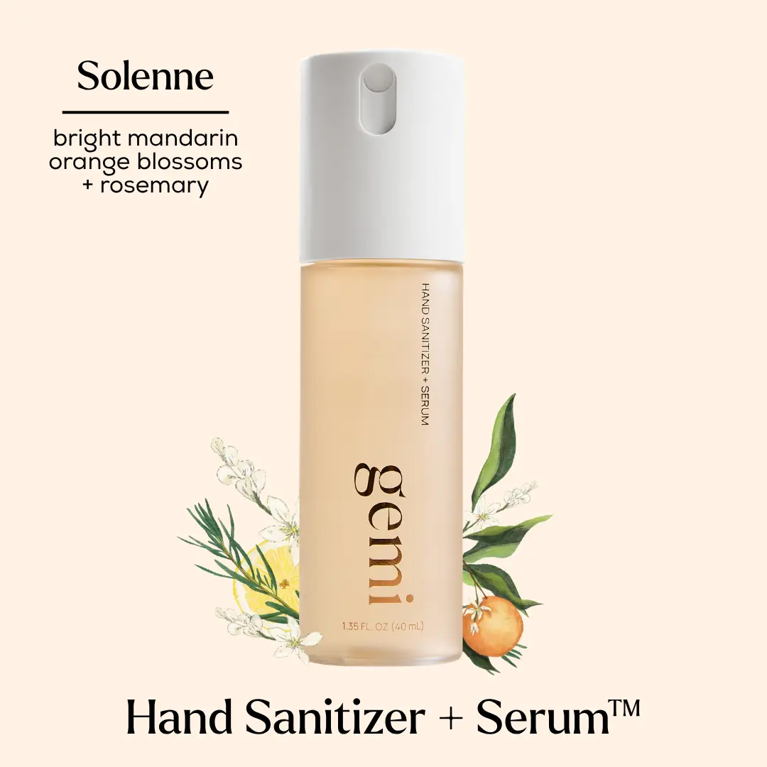 Solenne Hand Sanitizer | gemi beauty | Hand Sanitizer + Serum | Hydrating K-Beauty Formula with Centella, Vitamin B5 & Green Tea | Kills 99.9% of Germs | Citrus Scent with Orange Blossom, Rosemary & Lemon