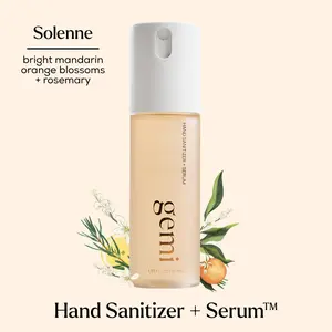 Solenne Hand Sanitizer | gemi beauty | Hand Sanitizer + Serum | Hydrating K-Beauty Formula with Centella, Vitamin B5 & Green Tea | Kills 99.9% of Germs | Citrus Scent with Orange Blossom, Rosemary & Lemon