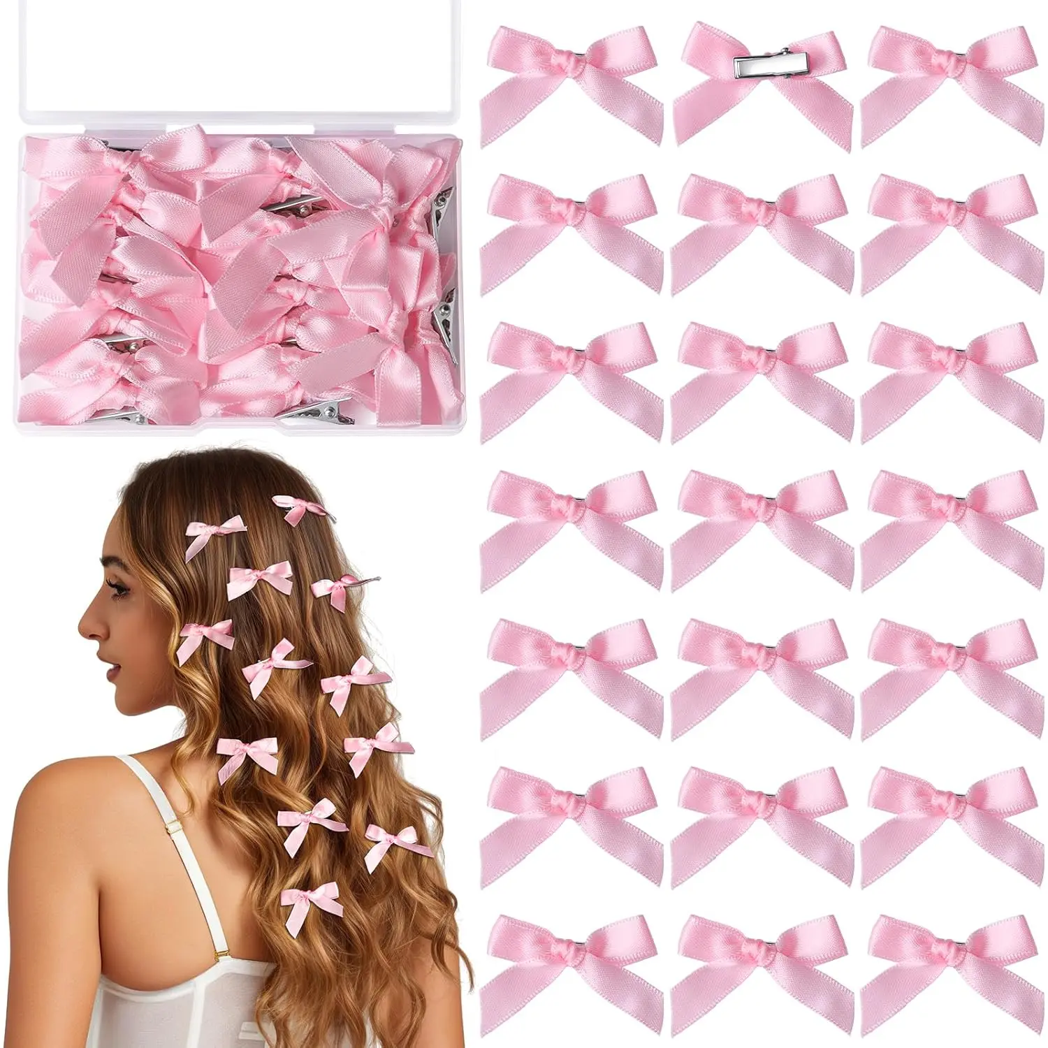 Pink Mini Bows, 20 count Ribbon Pink Hair Clips Barrettes with Box, Small Pink Bow for Hair, Cute Hair Bowknot, Hair Accessories for Women Girls