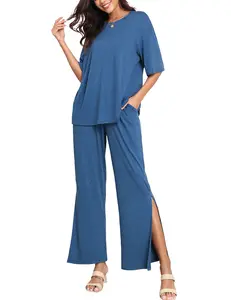 Womens 2 Piece Outfits 2025 Summer Casual Loose Short Sleeve Pullover Tops & Wide Leg Pants Lounge Sets Tracksuit Clothing Womenswear Crewneck Comfort Basic Minimalist