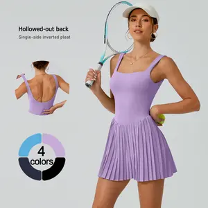 TimeOFF  Women's Stylish Hot - Sleeveless Square - Neck Backless Pleated Tennis Dress – Activewear for Yoga, Golf, Running, Workout   outfits gym wear elegant gym outfit sport one-piece skirt