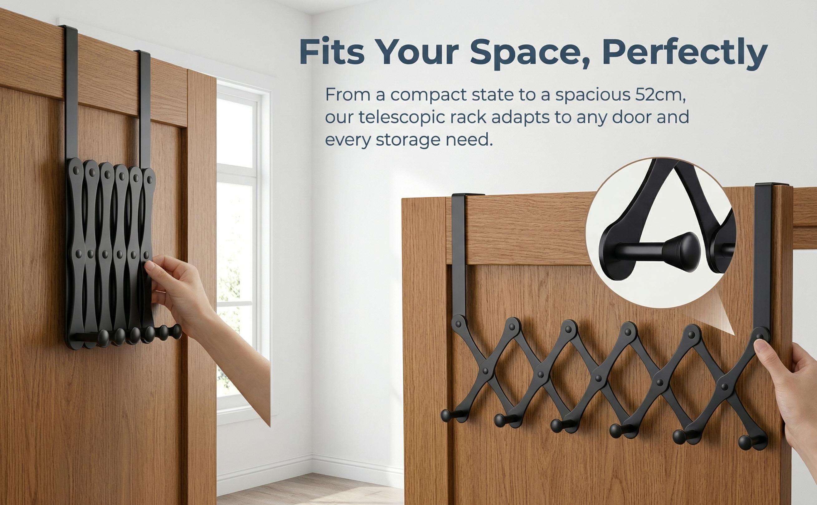 Expandable Over The Door Hook Rack | No Drill Adjustable Door Hanger for Coats, Towels & Bags | Space Saving Organizer for Bedroom & Bathroom