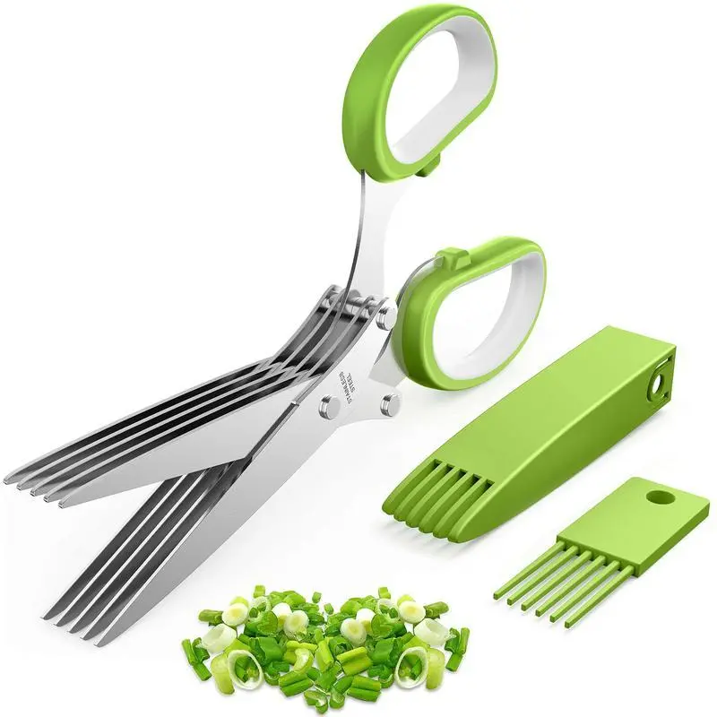 5-Blade Heavy Duty Stainless Steel Herb Scissors, Multipurpose Kitchen Herb Shears with Safety Cover and Cleaning Comb for Chopping Basil, Chive, Parsley, Green Modern Home & Party Supplies Kitchenware, Heavy Duty Scissor, Five Blades