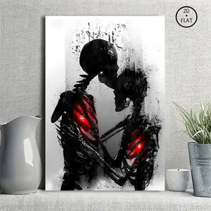 Ink Splash Kissing Skeleton Couple Canvas Wall Art - Black White Red Glowing Heart Gothic Poster, Framed & Unframed Print, Dark Aesthetic Bedroom Decor, Romantic Gothic Gift For Couples