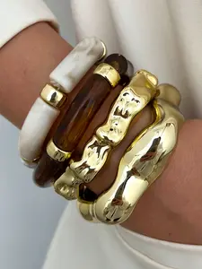 4-Piece Boho Style Women's Wave Shape Ccb and Resin Bangle Set, Elastic Band Bracelets, Perfect for Daily Wear and Gifts, Stackable Bracelets