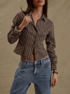 Women's Slim-Fit Striped Long Sleeve Shirt, Casual Button-Down Top, All Season Wear, Moderate Fabric Thickness, Ladies Fashion Clothing, Button Up Shirt, Casual Classy Top, Button Up Blouse