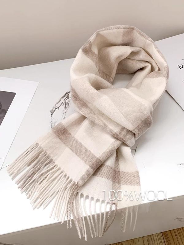 Women's Plaid Wool Scarf, High-End Winter Shawl, Pure Wool Neck Warmer, Perfect Birthday Gift, Stylish and Warm Accessory, Tassel Decor Scarf