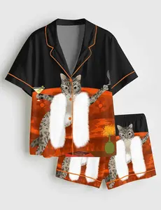 Cat Drinking Martini Pajama Set, Short Sleeve PJs, Funny Cat Mom Gift, Luxury Martini Print Sleepwear,  Loungewear #Pajamas #fashion