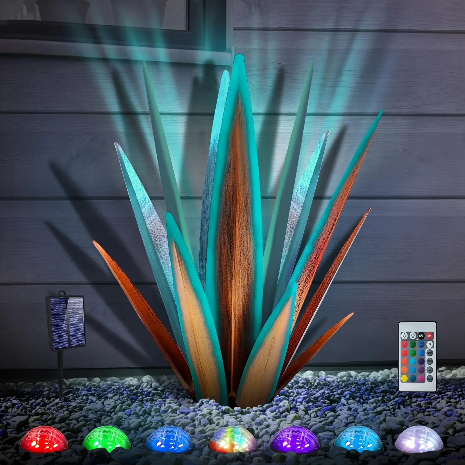 1 piece of 25 inch high, multi colored light rural metal agave sculpture - wrought iron outdoor garden and yard decoration, Christmas, Halloween, Thanksgiving holiday plant statue
