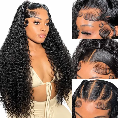 STLDORY 13x4 Deep Wave HD Transparent Lace Front Curly Human Hair Wig, 180 Density Pre-Plucked Pre-Bleached with Baby Hair, Natural Color Women's 26-Inch Wig, Pre Plucked Pre Bleached Human Hair Wig