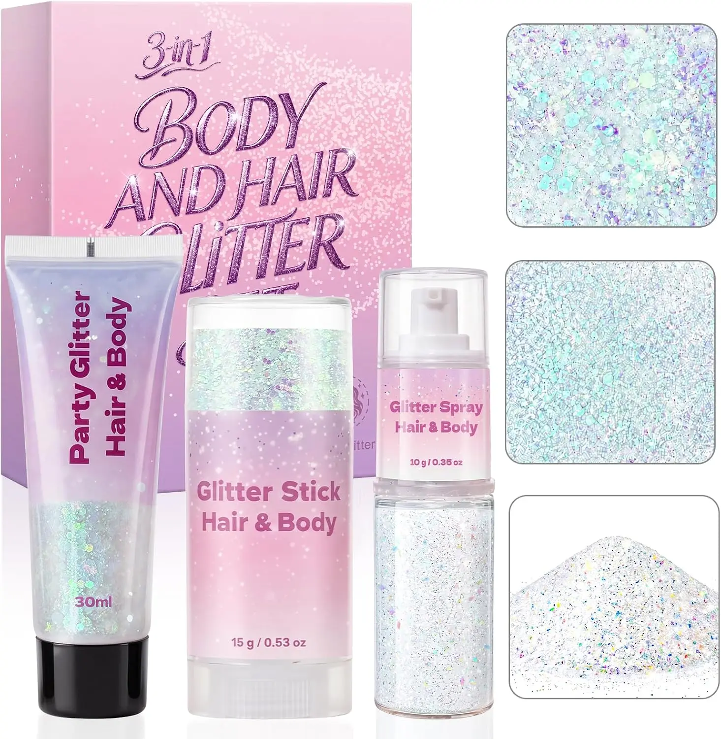 3-in-1 Body Face Hair Glitter Set, Sparkling White Glitter Gel & Glitter Stick & Glitter Spray, Waterproof Women Makeup for Halloween Concert Festival Rave Accessories