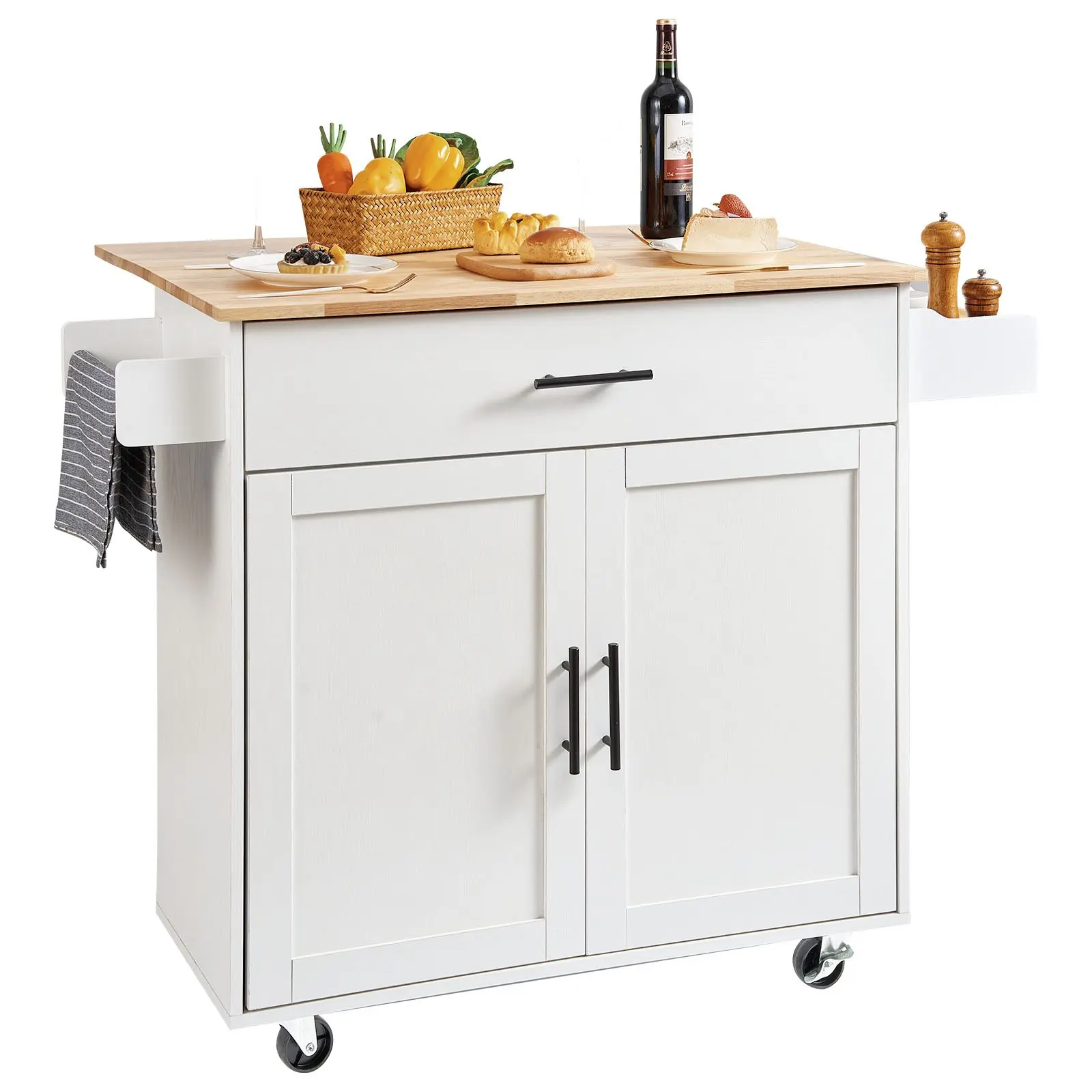 VEVOR White Adjustable Drop-Leaf Kitchen Island Cart with Solid Wood Top, 35.4in Width, 4 Silent Casters, Storage Cabinet, Spice Rack, Towel Rack, Drawer, Rolling Portable Table, Assembly Required, 35.4 Width