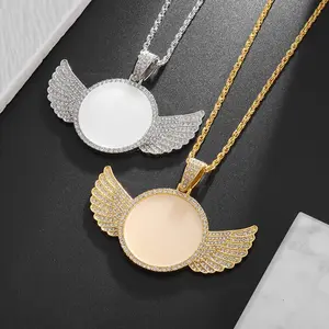 rendy Hip Hop Wing Pendant - Round Photo Frame Mirror Design (White Gold Chain, Bold & Creative)