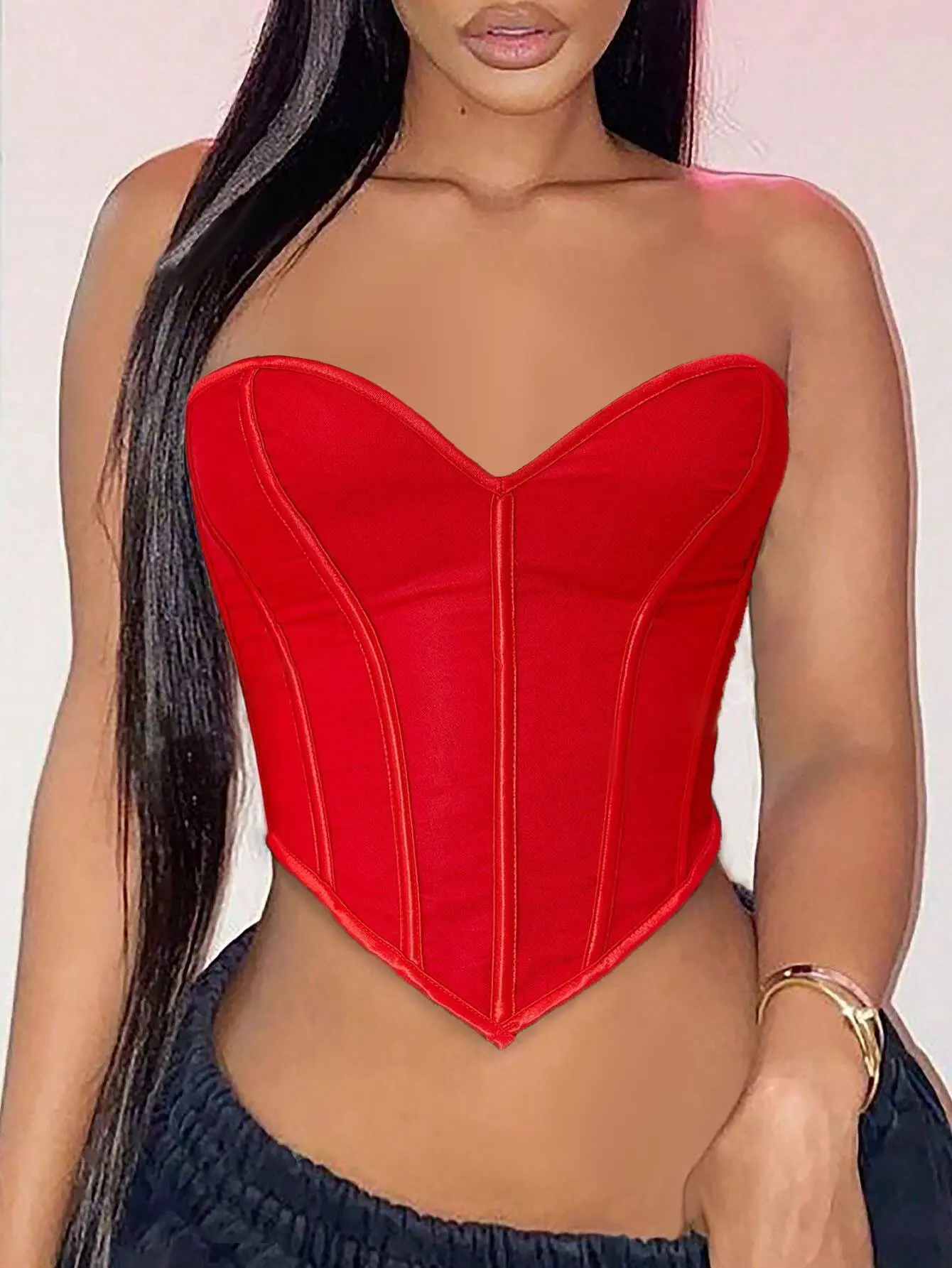 Women's Valentine's Day Lace-Up Back Backless Overbust Corset Bodyshaper, Rave Romantic Seam Decor Crop Tube Top for Party Clubwear