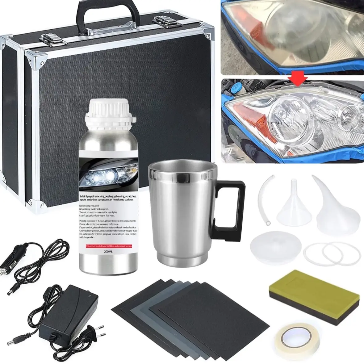 Headlight Restoration Kit, Car Headlight Polishing Repair Kit with 200ml Repair Fluid for Headlight Repair from Yellowing, Fogging, Oxidation